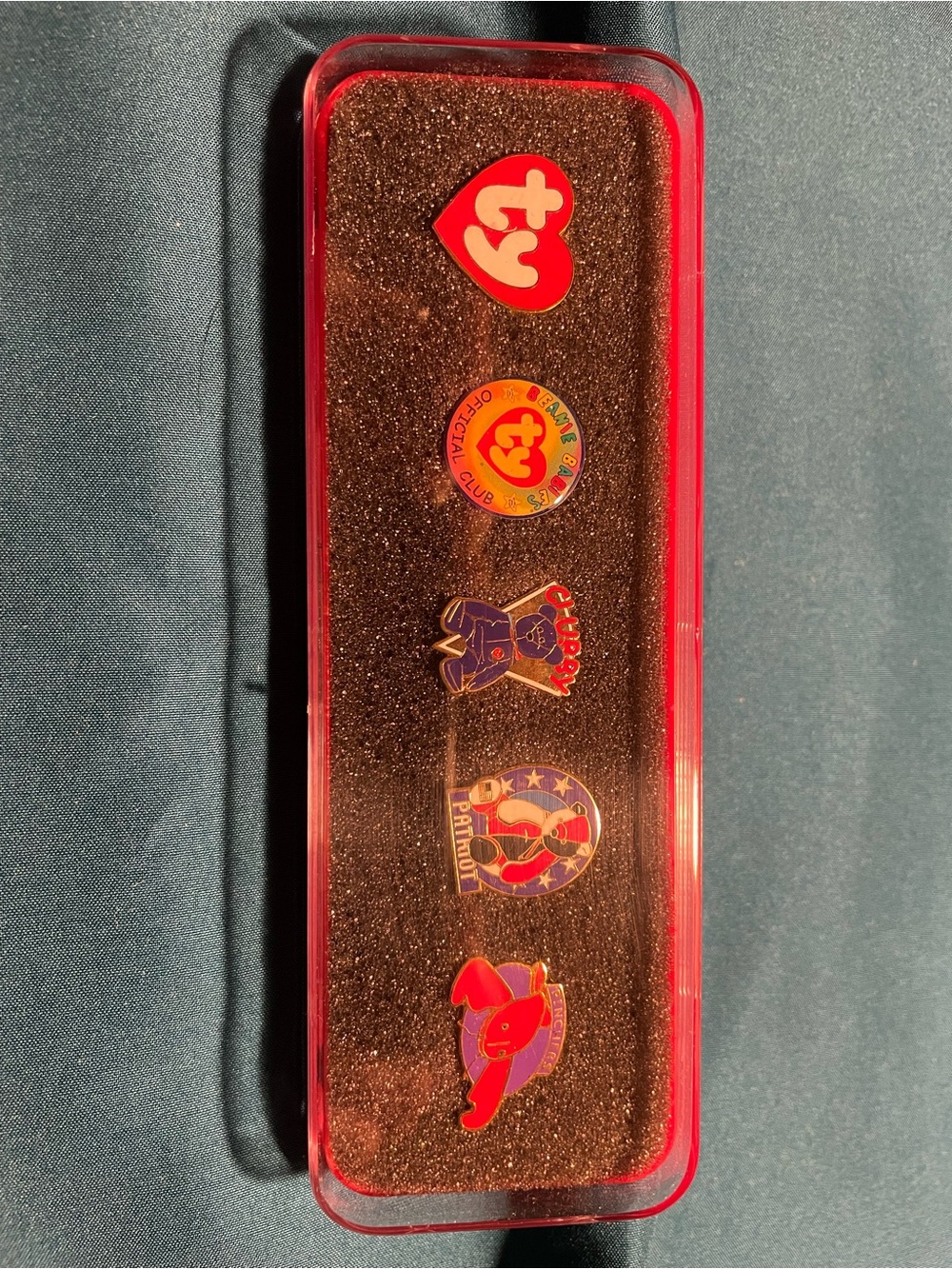 Ty Red Pin Display Case with Five Ty Collectible Pins